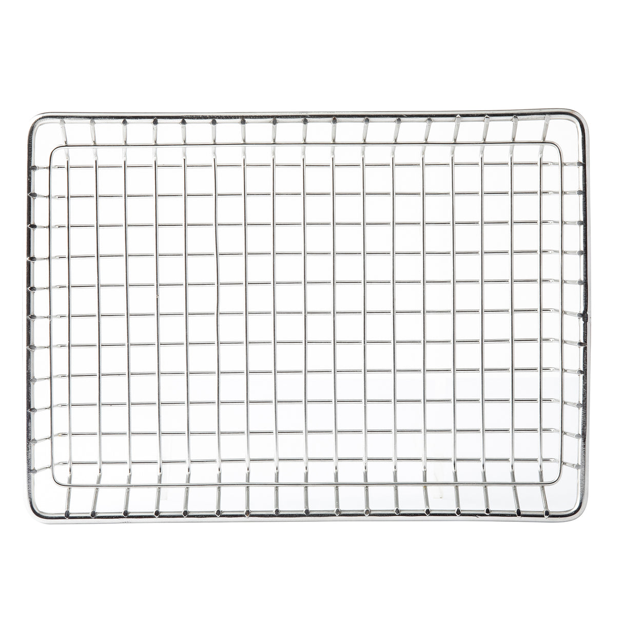 A rectangular TableCraft stainless steel wire cooling rack with a grid pattern and raised edges, viewed from above on a white background. The rack is empty and ideal for cooling baked goods or as a versatile serving basket in the kitchen.