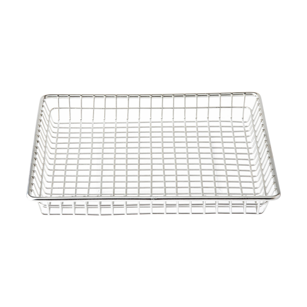 A rectangular wire basket made of stainless steel with a grid pattern on the base and sides, shown on a white background. The basket has a shallow depth and open structure for ventilation or draining.