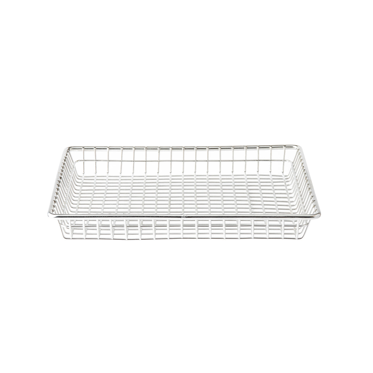 A rectangular stainless steel wire basket with a grid pattern, featuring straight sides and an open top. This serving basket is silver-colored, empty, and displayed against a white background.
