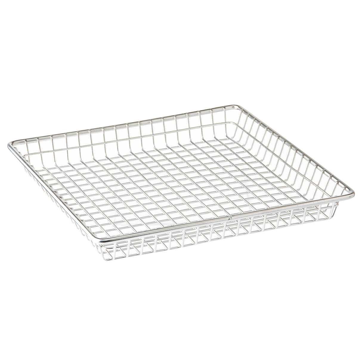 A rectangular stainless steel wire basket with a grid pattern on the base and sides, featuring straight sides and slightly rounded corners; the serving basket is empty and placed against a white background.