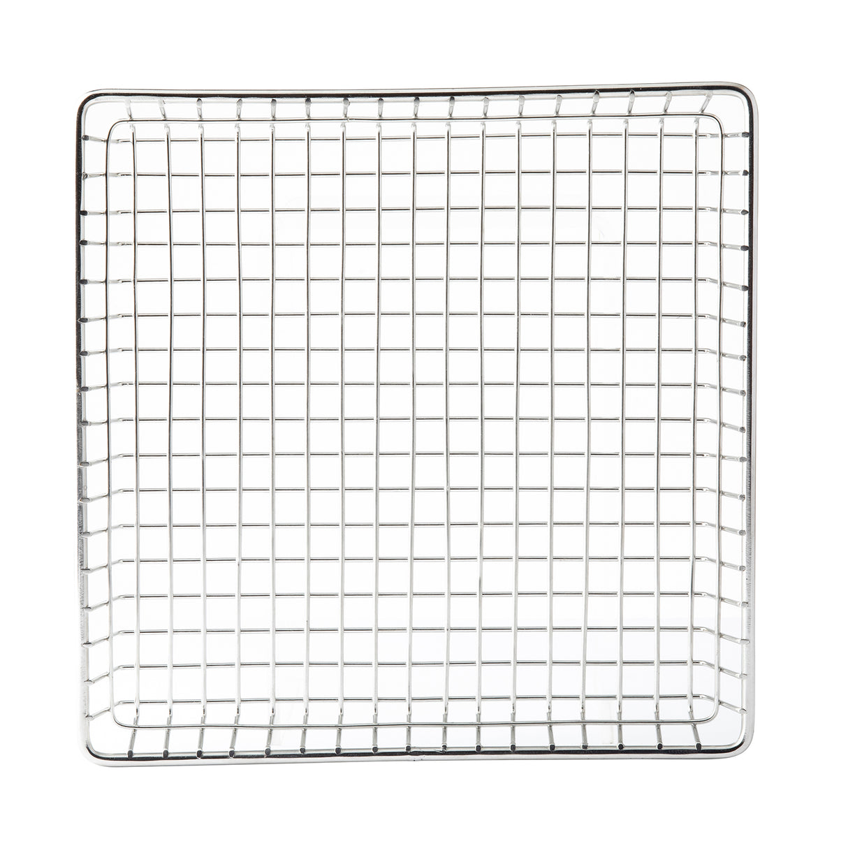 A square stainless steel cooling rack with evenly spaced grid wires and a thin outer frame, photographed from above on a white background. The versatile wire basket is ideal for cooling baked goods or draining fried foods.