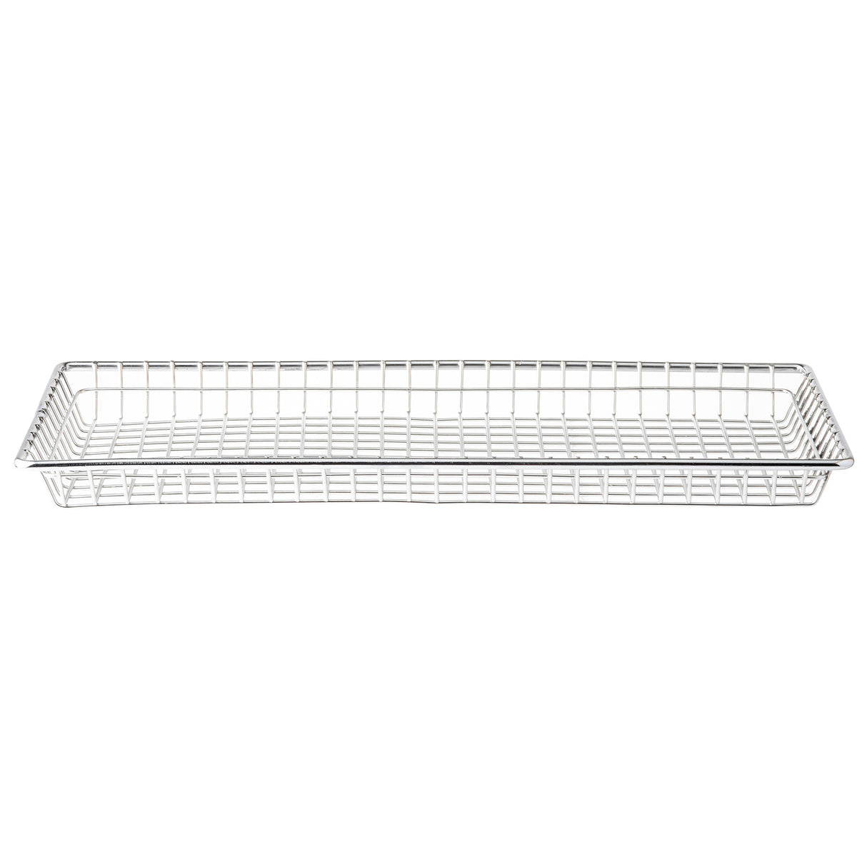 A rectangular, shallow serving basket made of stainless steel with a silver grid pattern. The basket has straight sides, an open top, and a flat base, with no handles or extra features. The background is plain white.