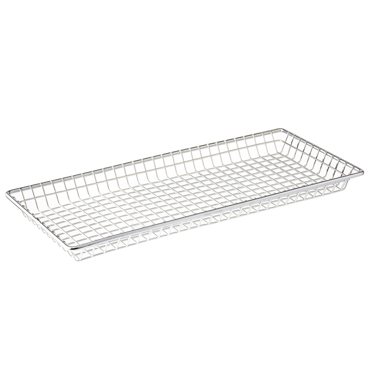 A rectangular stainless steel serving basket with a grid-like pattern and slightly raised edges. Silver in color, it sits empty on a plain white background, ideal for organizing or serving items stylishly.