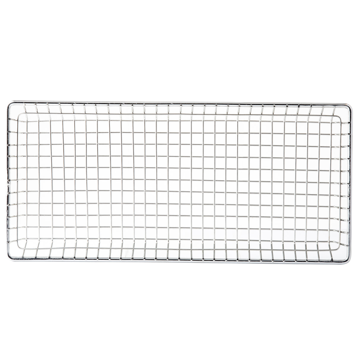 A rectangular stainless steel cooling rack with a grid pattern and raised edges is seen from above. Evenly spaced horizontal and vertical wires form square openings throughout. The rack rests on a plain white background.