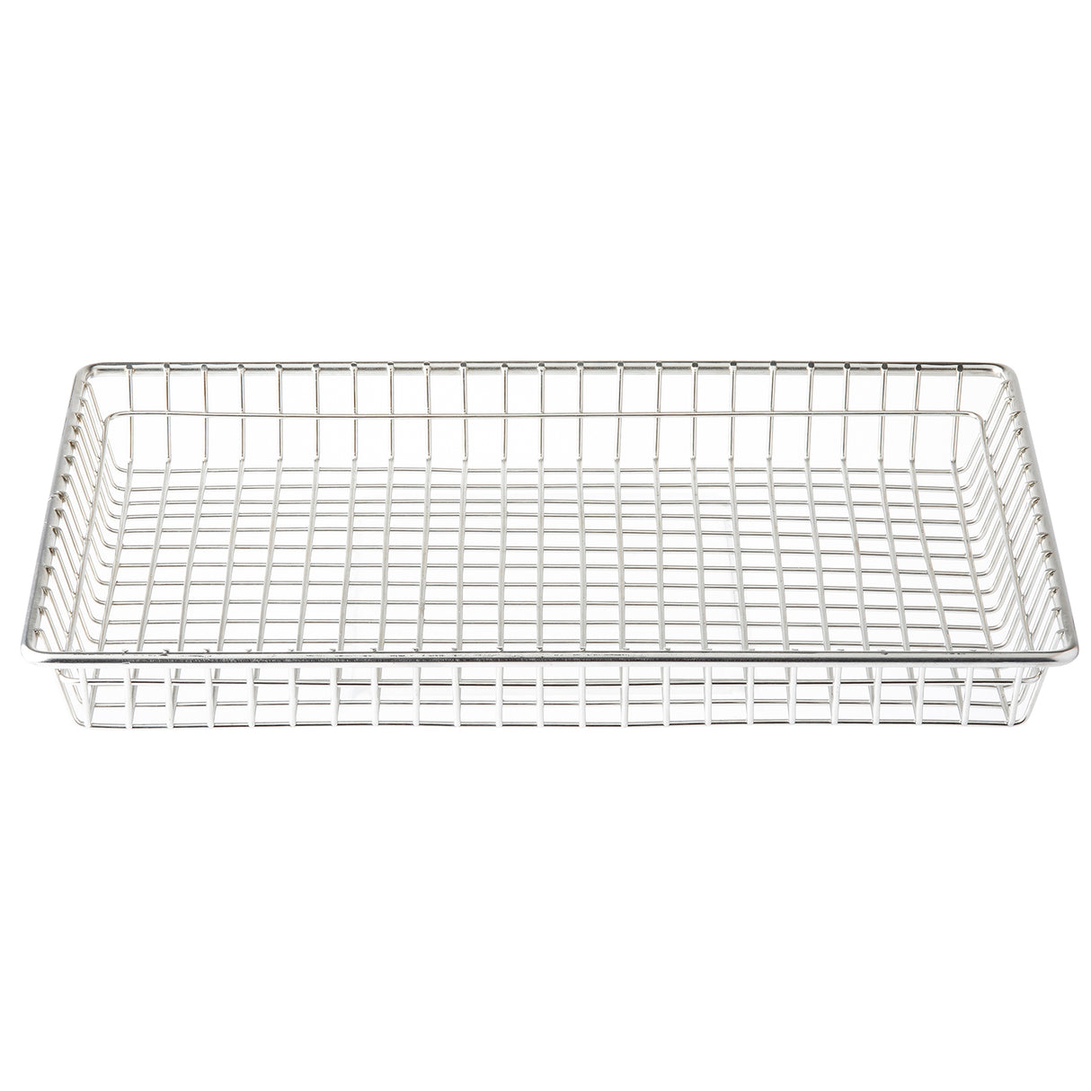 A rectangular, stainless steel serving basket with a grid pattern and raised edges. The basket is empty and placed against a plain white background, featuring sturdy construction with evenly spaced squares on the sides and bottom.