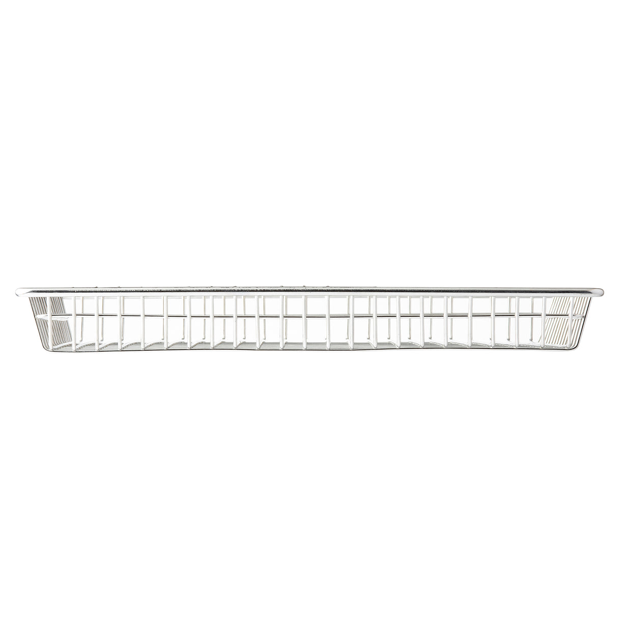 A rectangular stainless steel serving basket is shown from the side against a white background. The basket is shallow and features a grid pattern with open spaces, allowing visibility and airflow for stored items.