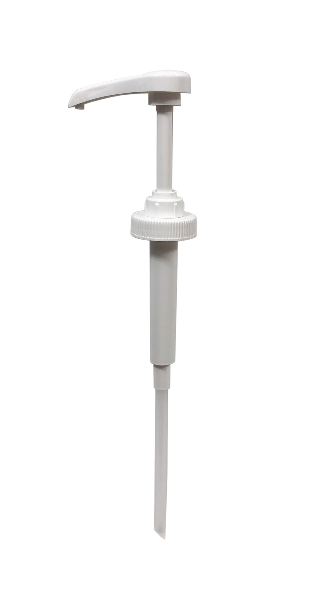 A white plastic standard pump dispenser with a long nozzle and ribbed collar, shown against a plain white background. This 1/4 oz pump is designed for dispensing liquid soap, lotion, or sanitizer and is photographed from the side to display its full length.
