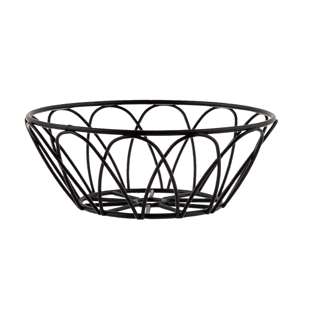 A round metal basket with a black powder coat finish features an open, curved design forming arched patterns. The flat base and widening top create a shallow bowl shape, making this serving basket both modern and minimalist.