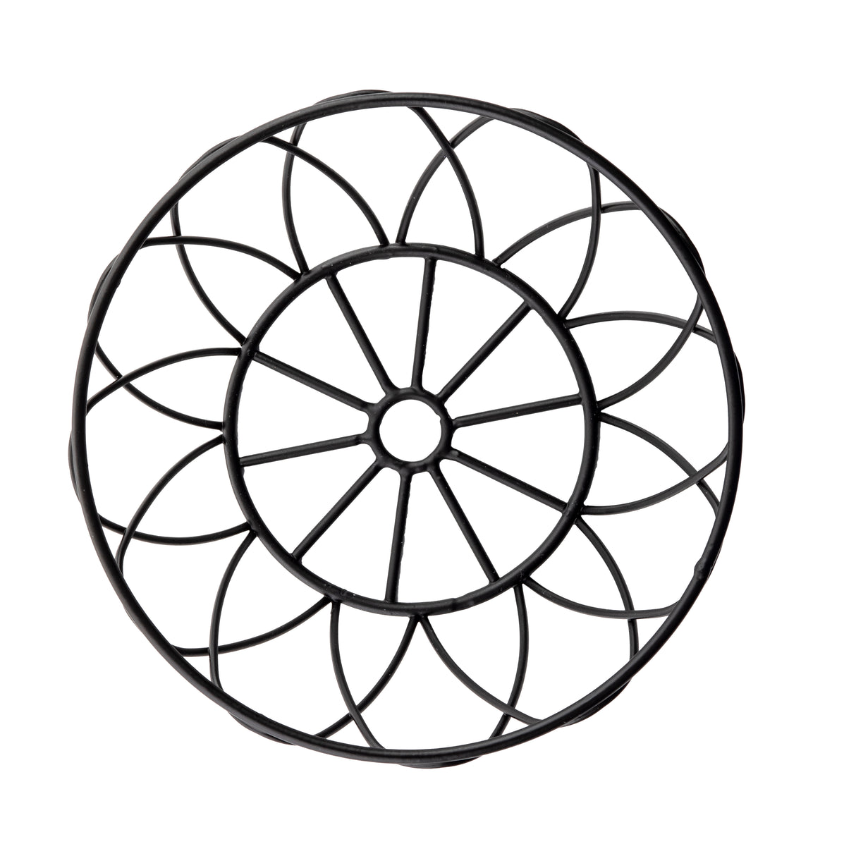 A round black metal trivet with a geometric, floral-inspired design features interlocking petal-like shapes and a striking black powder coat finish. The symmetrical pattern adds decorative charm, photographed on a white background.