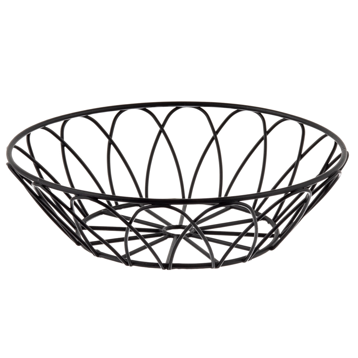 A round, black wire serving basket from the TableCraft Petal Collection features an open, crisscross spiral design. With no handles and a wide, shallow shape, its geometric metal wires offer airy visibility and ventilation for fruit or snacks.