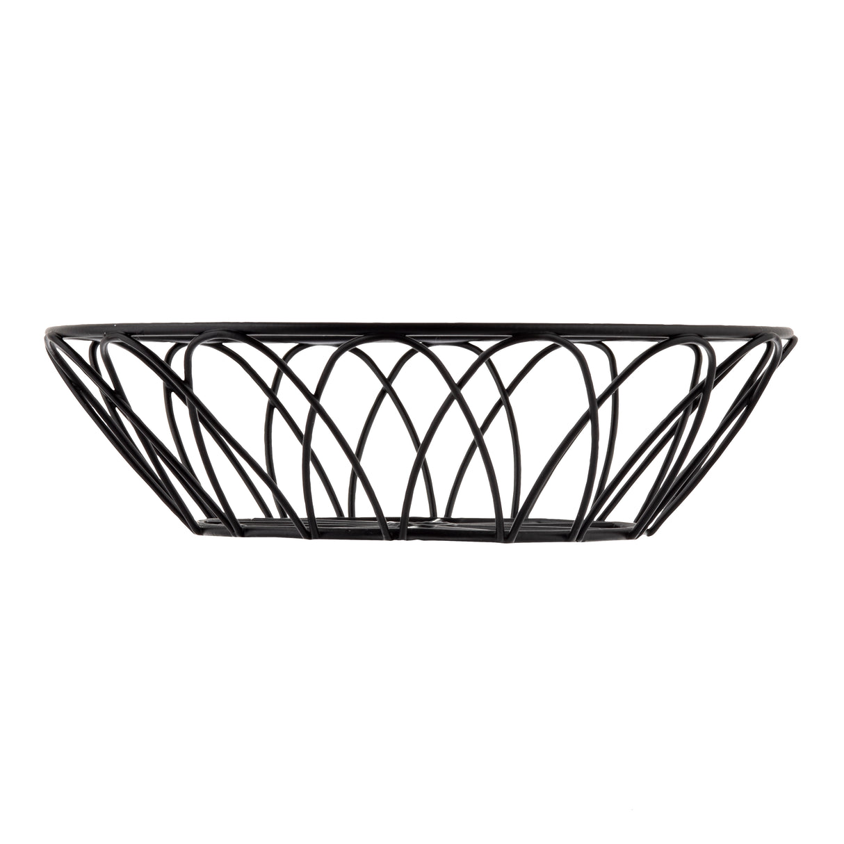 From the Petal Collection, this black wire serving basket features a shallow, round shape and an open crisscross design. Its modern, airy look by TableCraft stands out beautifully against the white background.