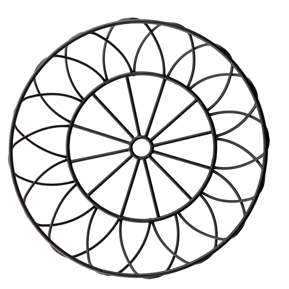 A round, black metal wire trivet from the TableCraft Petal Collection with a geometric floral pattern. Radiating petals formed by interwoven curved lines create a symmetrical, decorative look. The trivet is photographed on a white background.