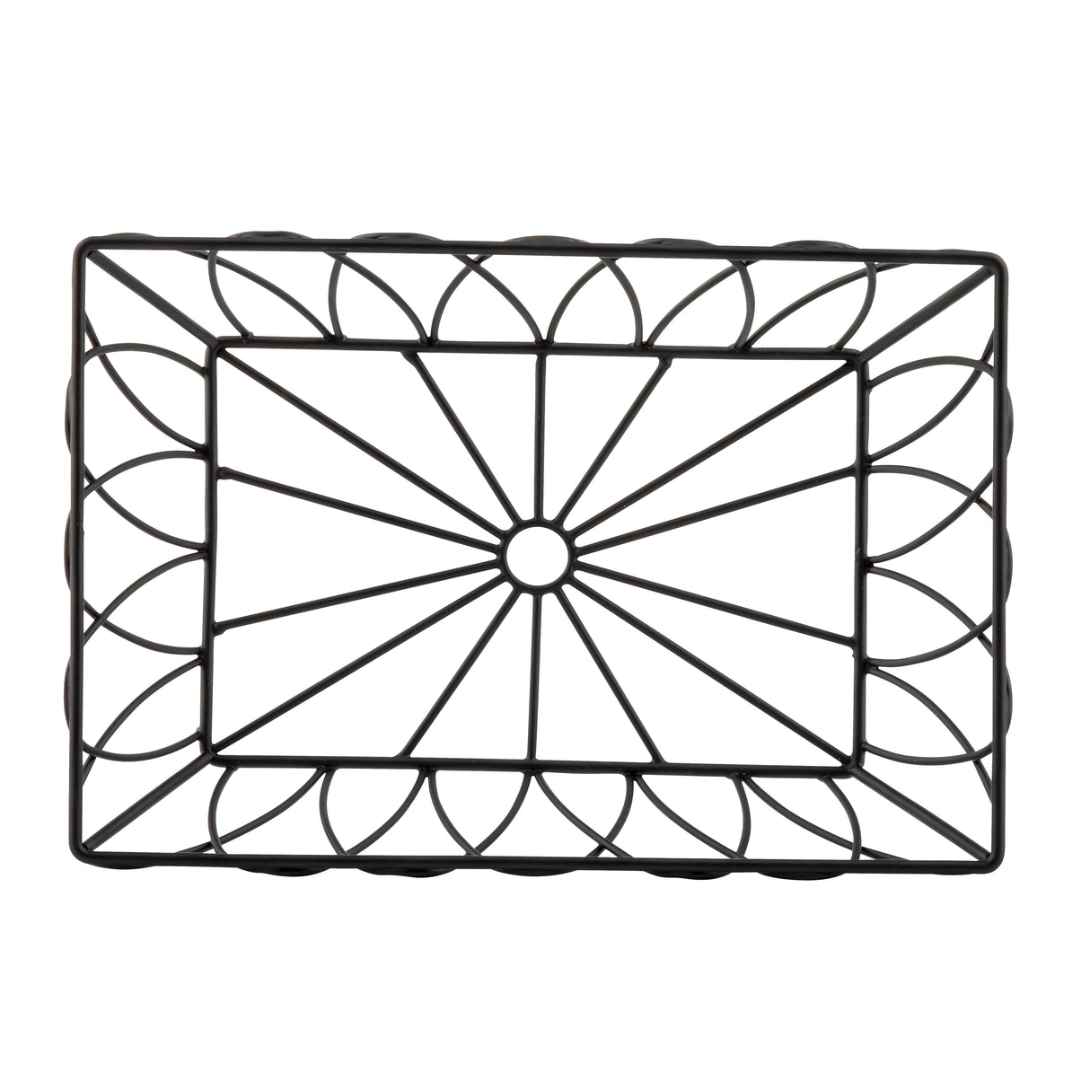 A rectangular black metal wire serving basket from the Petal Collection by TableCraft Products, featuring radiating lines from a central circle and petal-like shapes along the border for a minimalist, floral-inspired look.