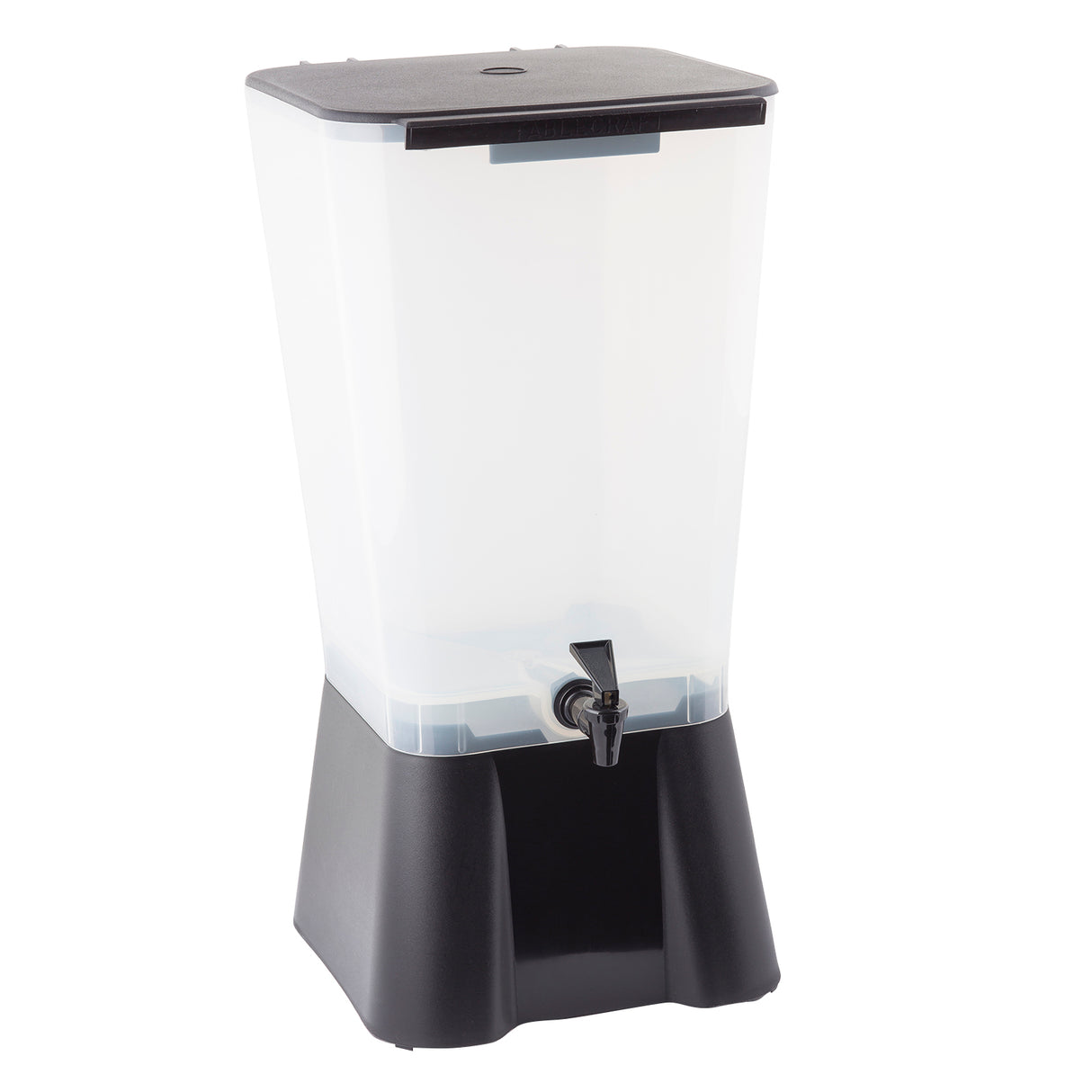 A modern, functional 5 gallon beverage dispenser with a black base and lid. This translucent plastic unit features a convenient black spigot and is NSF certified—perfect for serving cold drinks at events or gatherings.