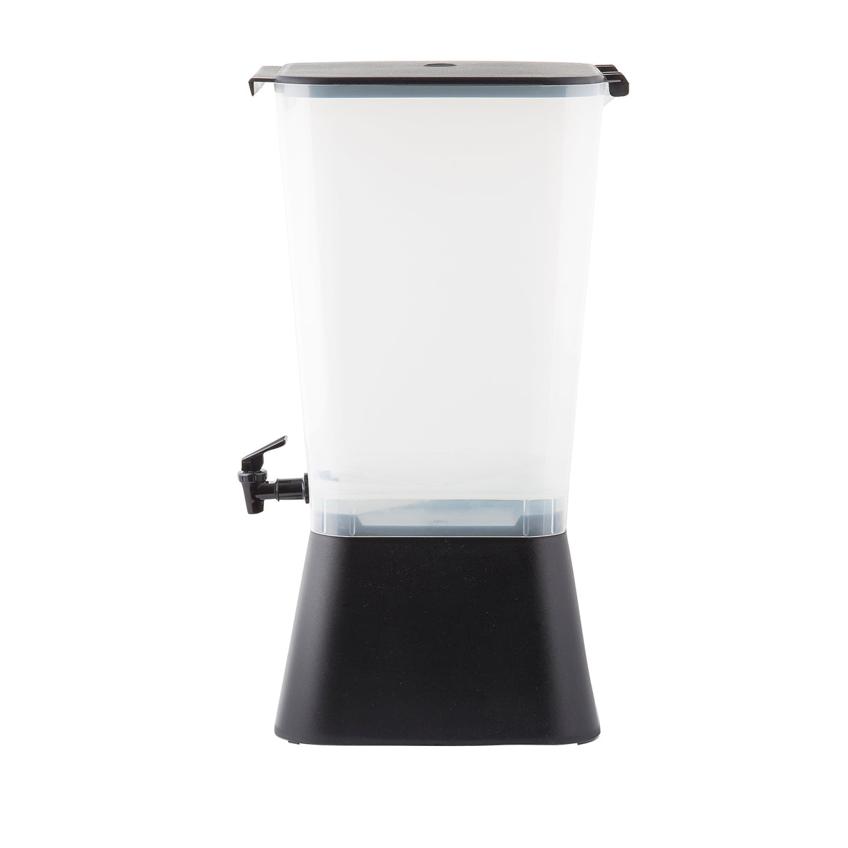 A tall, rectangular 5 gallon beverage dispenser with a black lid, black base, and a small black spigot on the front left side for pouring drinks. The translucent container is mostly empty and NSF certified for safe use.