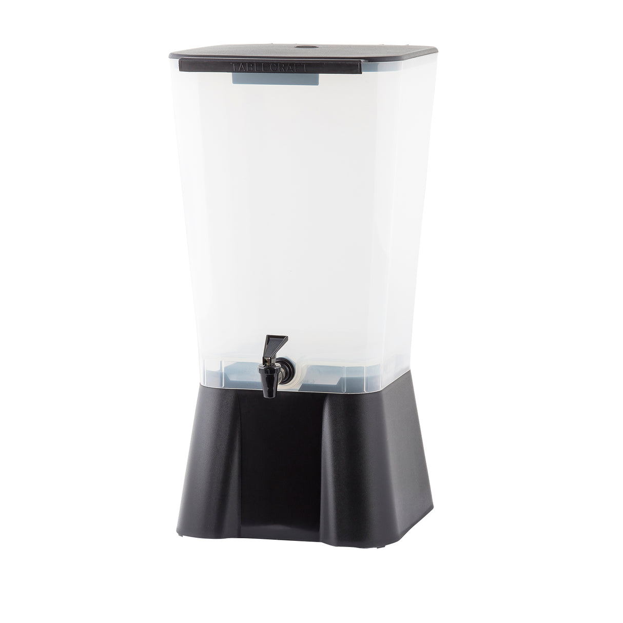 A tall, clear plastic beverage dispenser with a black lid and base boasts a 5 gallon capacity. Featuring a spigot near the bottom center for easy pouring, this NSF-approved container showcases a rectangular shape and simple, modern design.