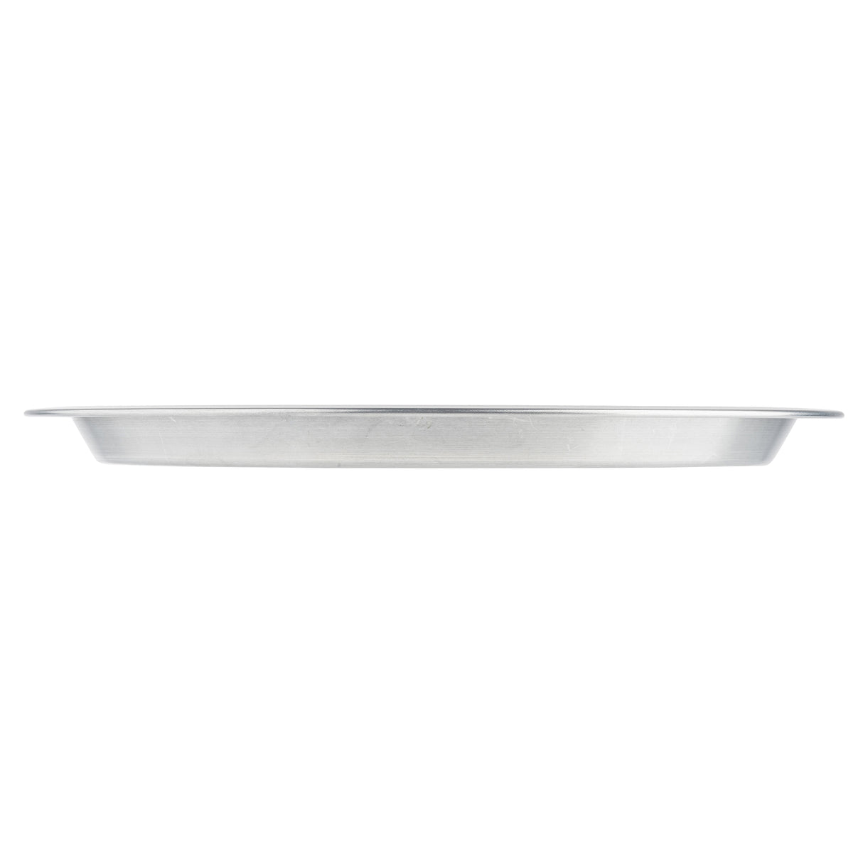 A plain, round TableCraft aluminum pie pan is viewed from the side against a white background. The pan features a flat base and shallow, slightly sloped sides with a thin rim extending outward.
