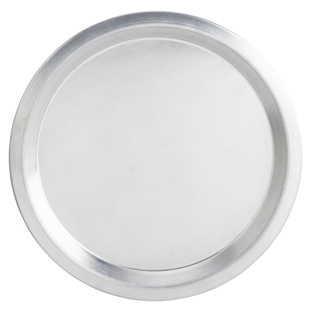 A round, silver aluminum pie pan with a slightly raised rim sits against a white background. The tray is empty, featuring a smooth, polished surface that reflects light, giving it a clean and simple appearance.