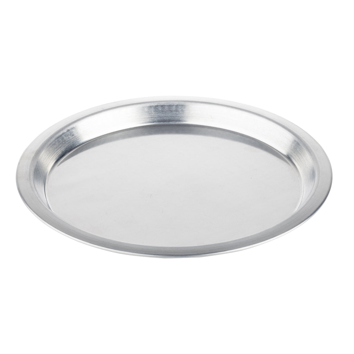 A round, flat, silver aluminum pie pan with a raised edge. The tray is empty and placed on a white background, showcasing its shiny, smooth surface and simple, minimalist design inspired by TableCraft quality.