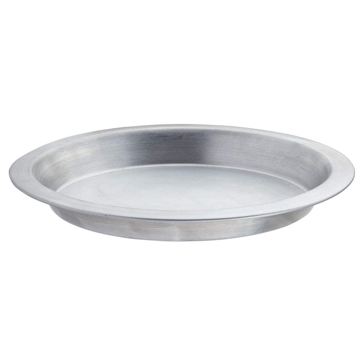 A plain, round, shallow aluminum pie pan with a smooth surface and slightly angled sides. This 10-1/8 inch silver pan has a flat bottom and a thin, slightly raised outer rim. The background is completely white.