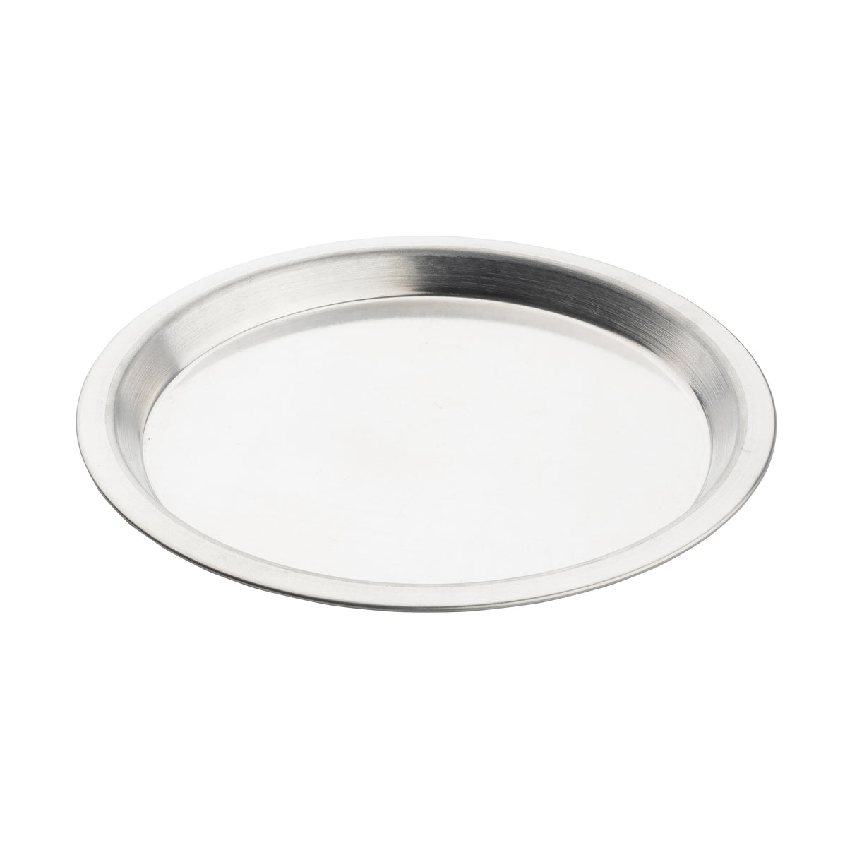 A round, flat 10-1/8 inch aluminum Pie Pan with a slightly raised outer rim is shown against a white background. The pan features a smooth, reflective surface and minimalistic design, ideal for serving or baking.