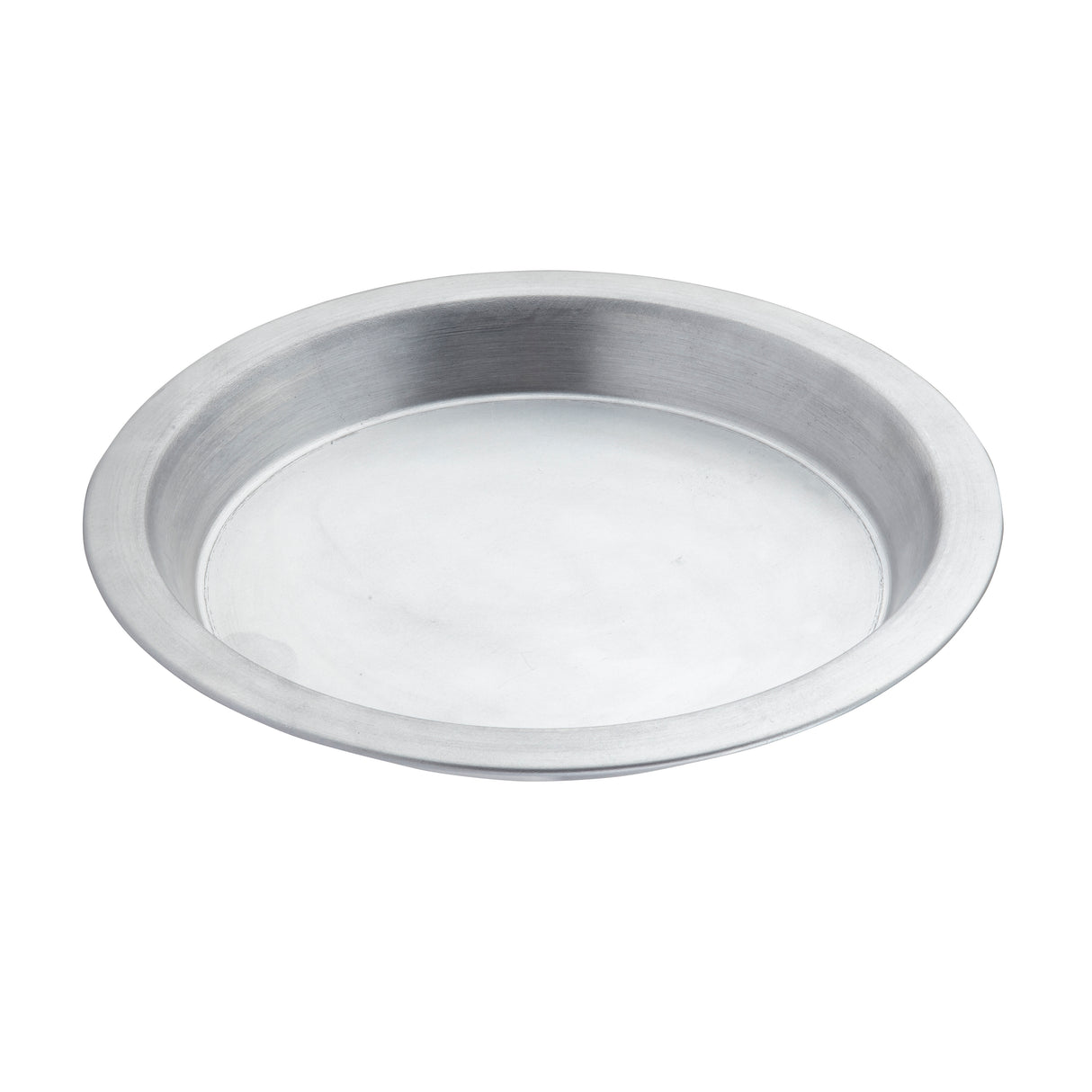 A simple, round, 10-1/8 inch aluminum Pie Pan with a smooth surface and slightly raised, sloping edges. The pan appears clean, made of shiny silver-colored metal, and sits on a plain white background.