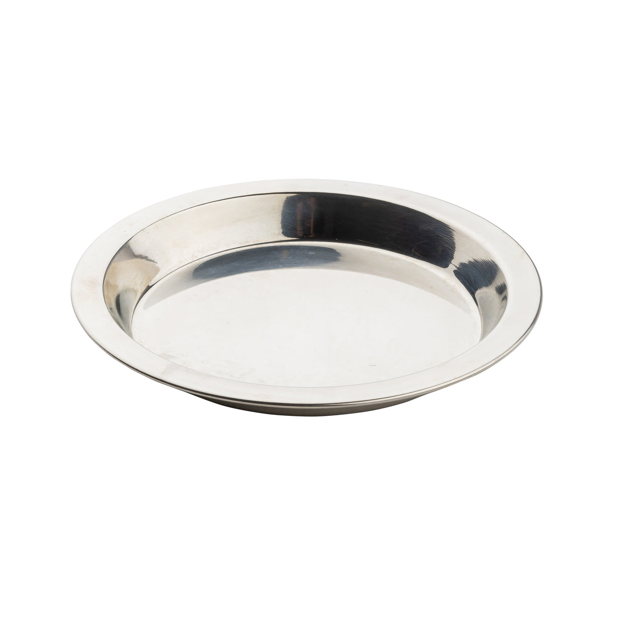 A round, shallow TableCraft stainless steel pie pan with a slightly raised rim is shown against a plain white background. The pan has a shiny, reflective surface and appears empty.