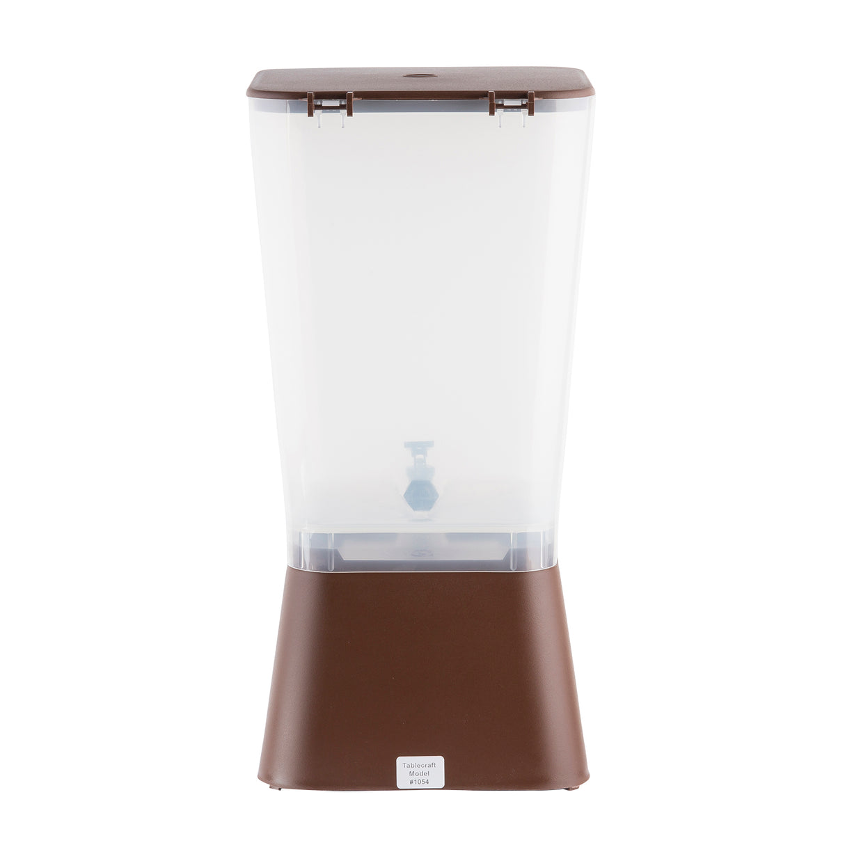 A tall, rectangular 5 gallon beverage dispenser with a brown lid and base. The transparent container features a spigot for easy dispensing and a white label on the base. Simple, functional, and dishwasher safe for convenient cleaning.