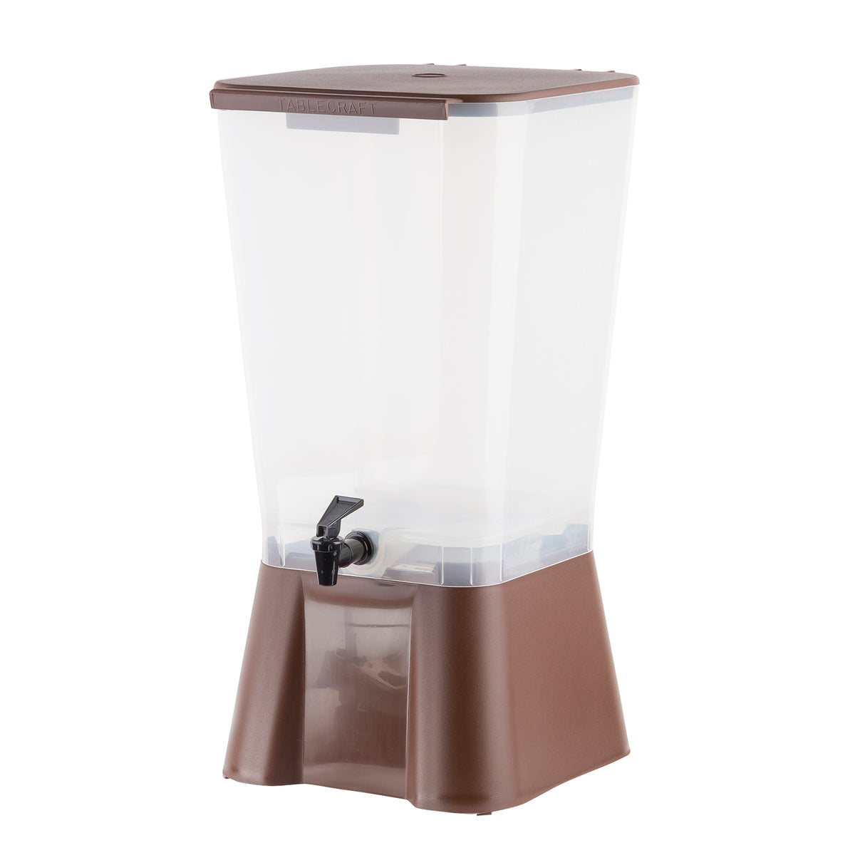 A large, rectangular 5 gallon beverage dispenser with a brown lid and matching base, featuring a black spigot for easy pouring. Mostly empty, it stands upright on a white background and is dishwasher safe for easy cleaning.