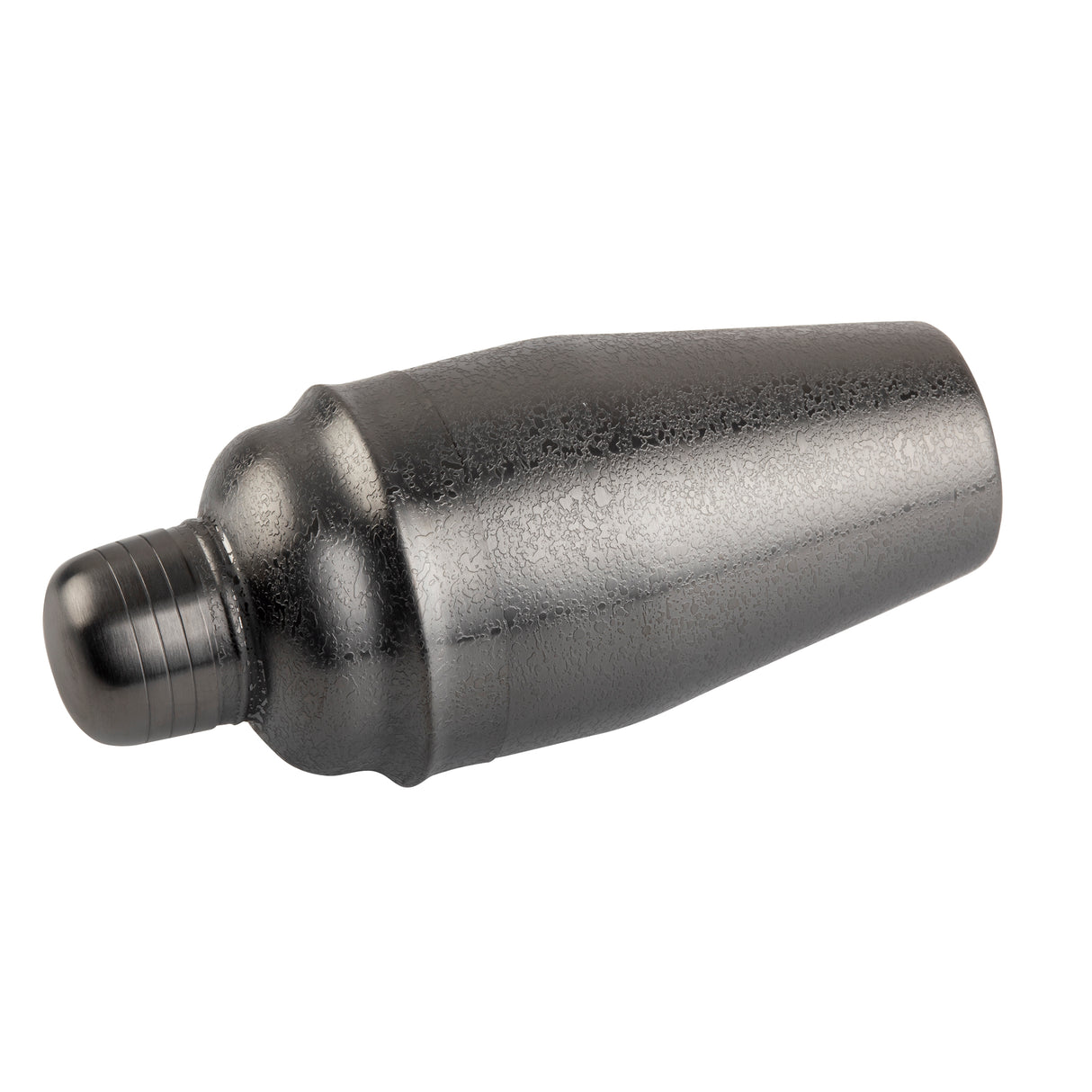 A matte black 18 oz cocktail shaker lies horizontally on a white background. The stainless steel shaker features a textured surface, smooth rounded cap with grooves, and a tapered body that widens at the base and narrows toward the top.