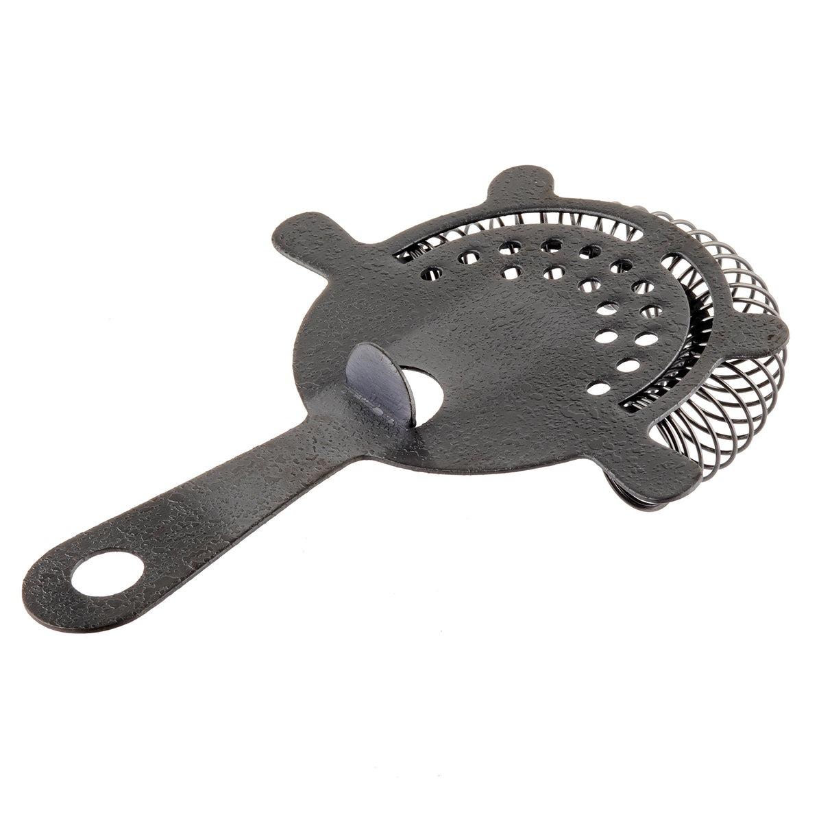 A stainless steel cocktail strainer from TableCraft with a flat handle and circular, perforated disc. The strainer features a coiled wire edge for filtering and stability tabs. The handle includes a hole for easy hanging.