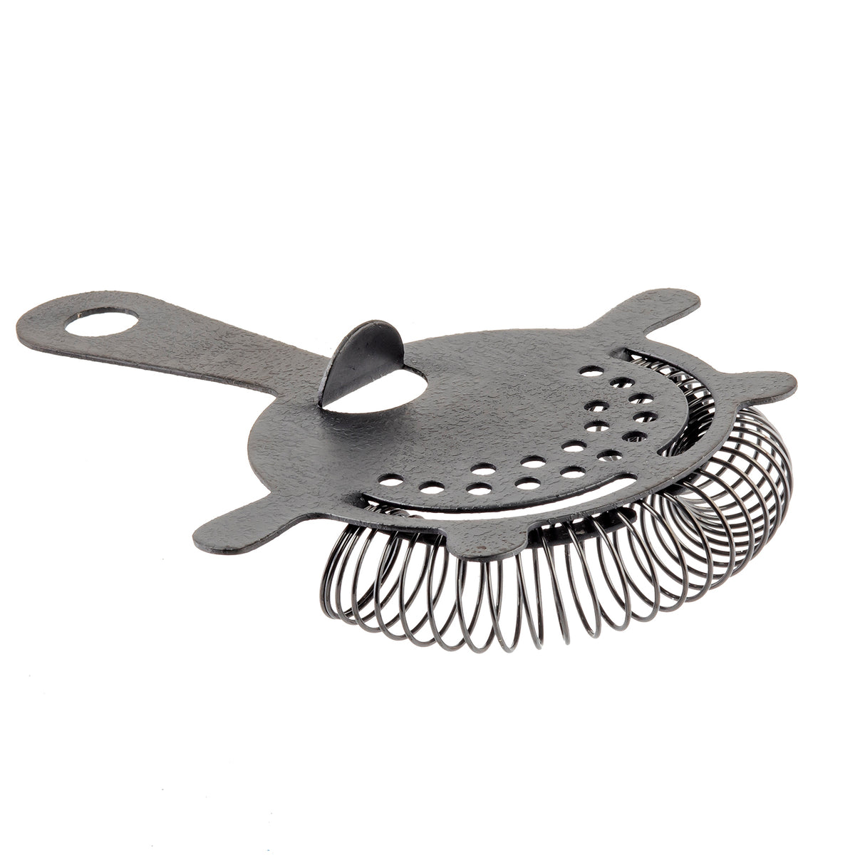 A stainless steel TableCraft strainer featuring a flat handle, circular perforated plate, two stabilizing prongs, and a coiled spring around the edge, designed for straining ice from mixed drinks. The strainer rests on a white background.