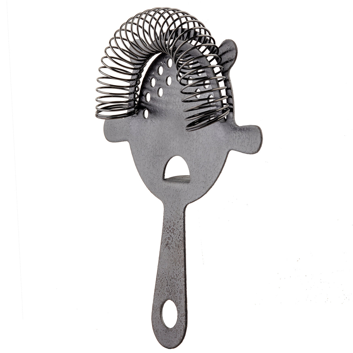 A stainless steel cocktail strainer with a flat handle and spring coil around its edge. The main plate has several holes and a cutout that, combined with its shape, resembles a surprised face with a round open mouth.