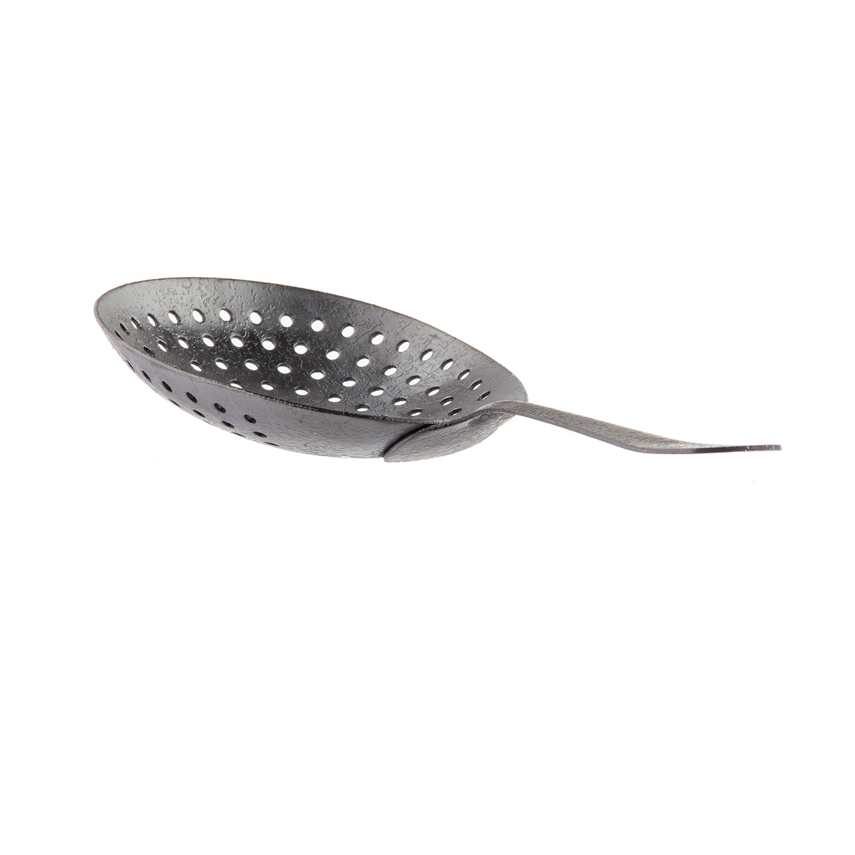 A stainless steel Julep Strainer with a round, shallow, perforated bowl and a slightly curved handle extends to the right. Its textured surface and multiple circular holes allow for efficient draining, while the black acid etch finish adds a modern touch.