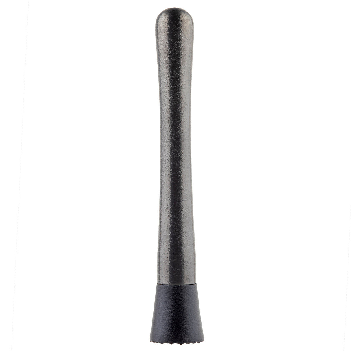 The TableCraft Products stainless steel muddler features a smooth, metallic handle and a textured black plastic base for crushing ingredients. This muddler is shown upright against a white background.