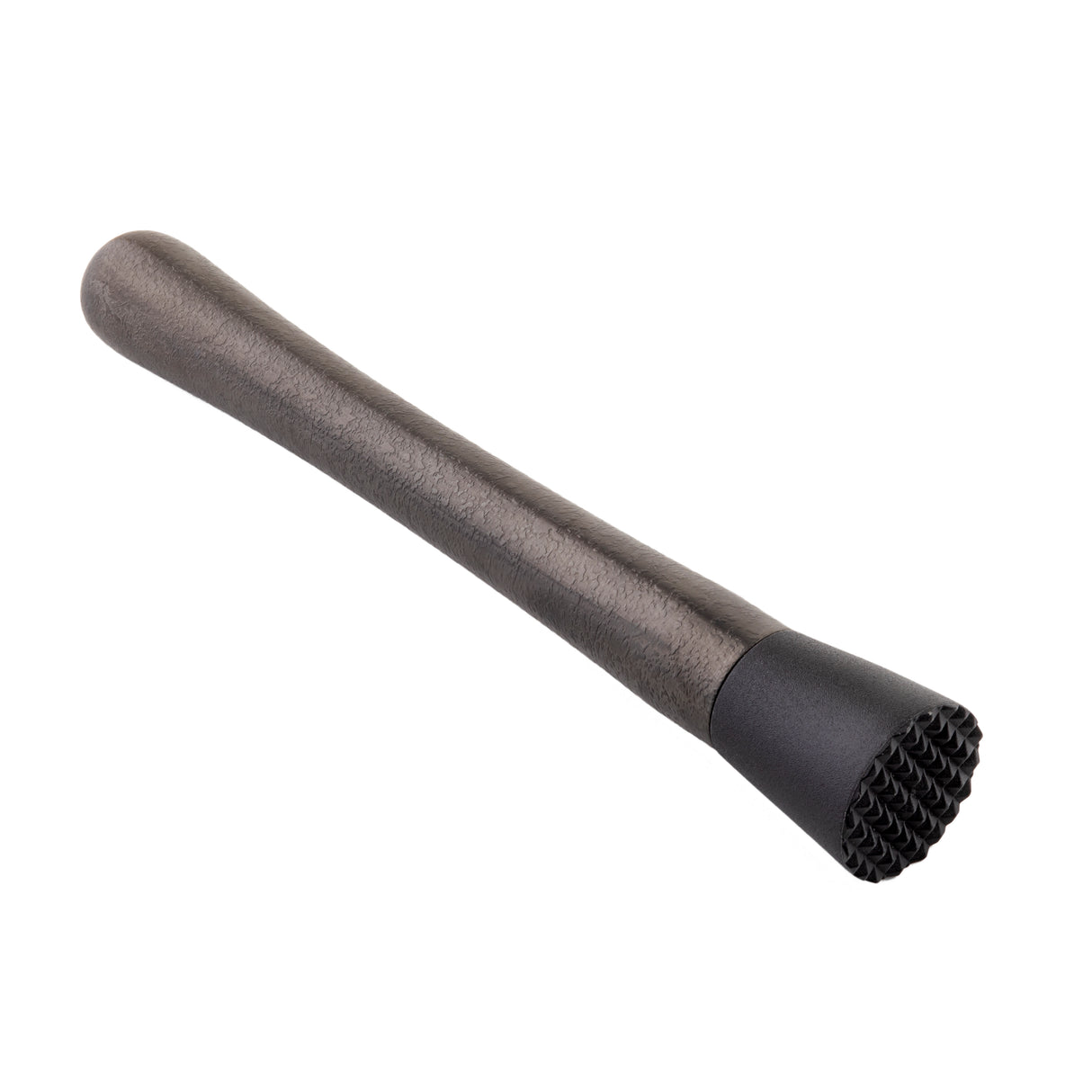 A dark-colored TableCraft Products Muddler with a long, rounded wooden handle and a black textured plastic head, shown on a white background. The head features a grid-like pattern for crushing ingredients.