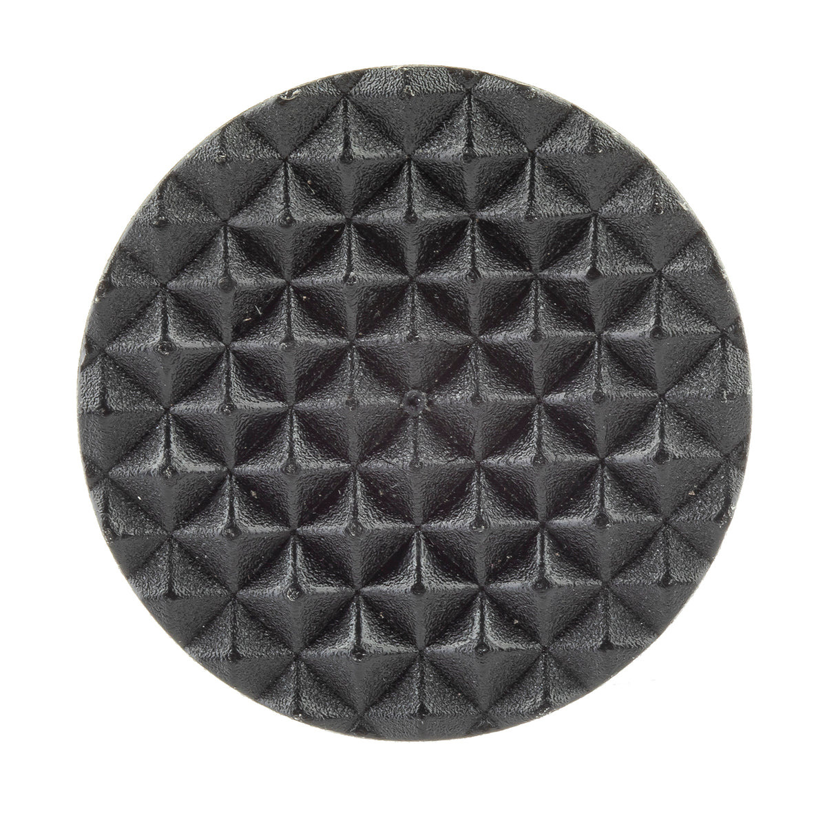 A round, black muddler with a textured surface featuring a repeating geometric pattern of raised, pyramid-like studs arranged in a grid. The lighting highlights the texture, accentuating the three-dimensional appearance of this TableCraft Products tool.