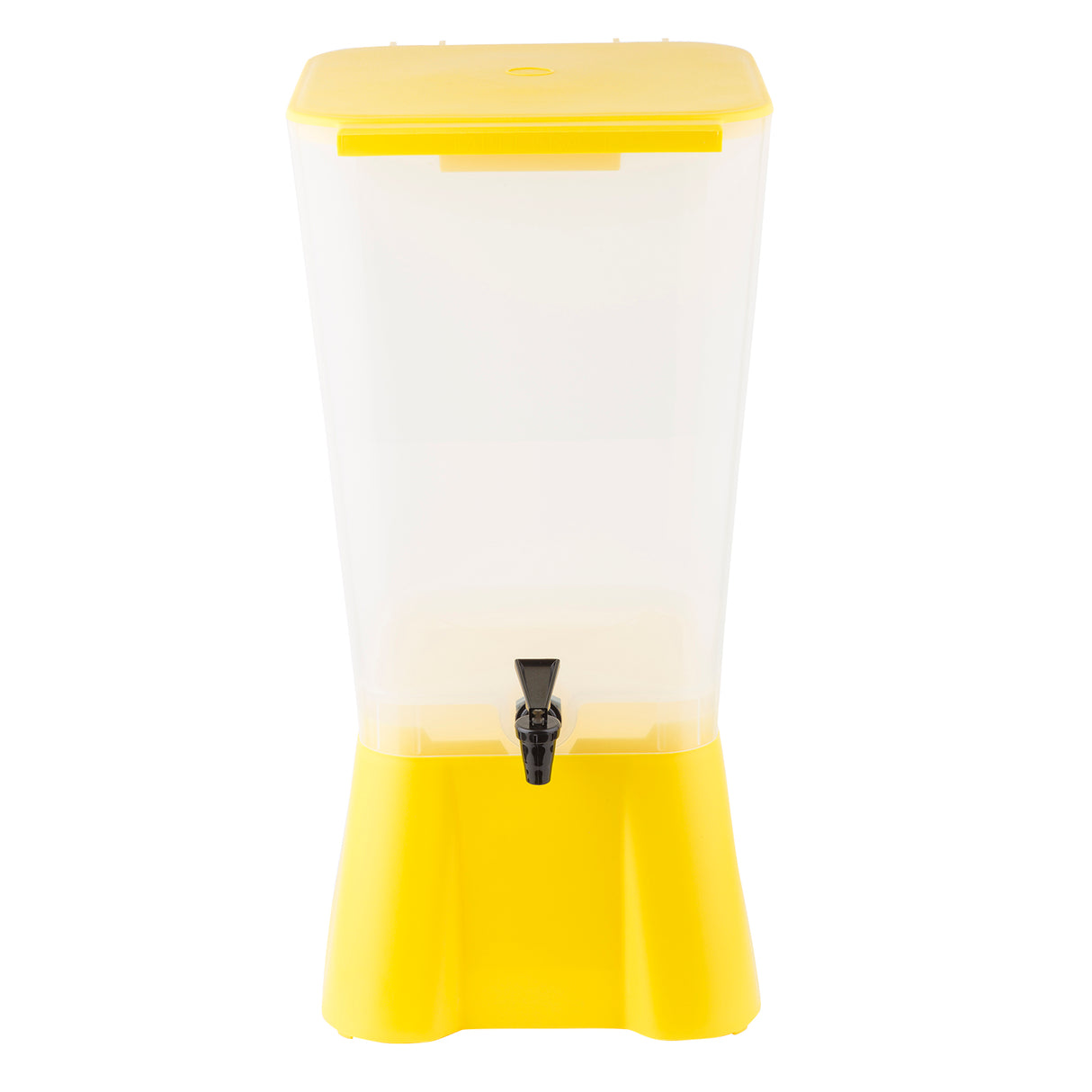 A modern, 5 gallon beverage dispenser with a translucent white body, bright yellow base and lid, and black spigot. This dishwasher safe dispenser features a simple rectangular design and is photographed on a white background.