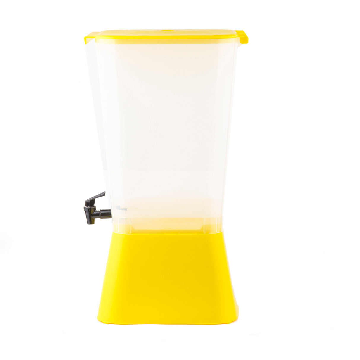 A tall, clear 5-gallon beverage dispenser with a bright yellow base and lid. The black spigot is on the left near the bottom. Dishwasher safe and empty, it stands out against a plain white background.