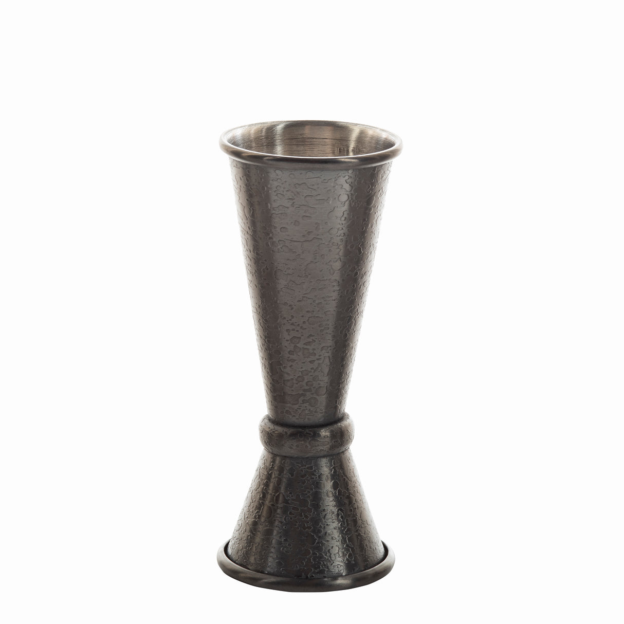 A TableCraft Japanese Jigger with a textured, hammered finish. Crafted from stainless steel, it features two conical measuring cups in an hourglass shape and a shiny metallic interior—perfect for precise cocktail mixing.