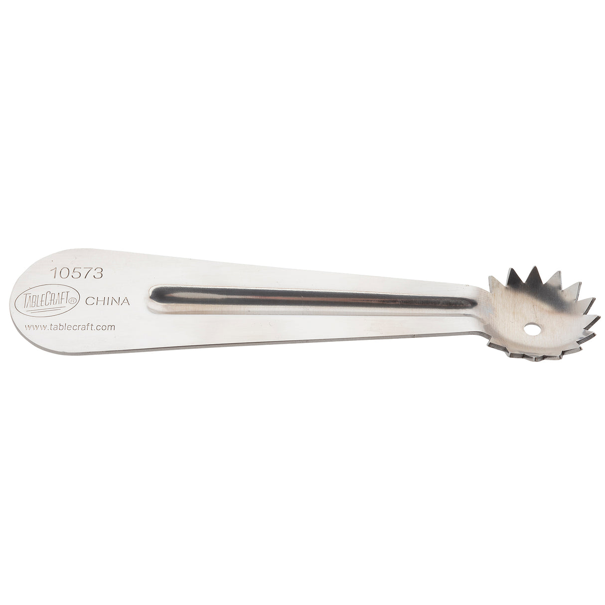 A stainless steel dough or pastry cutter with a flat handle and a small, round, fluted cutting wheel at one end. The handle is stamped with the TableCraft brand, model number “10573,” and “China.” Photographed against a white background.