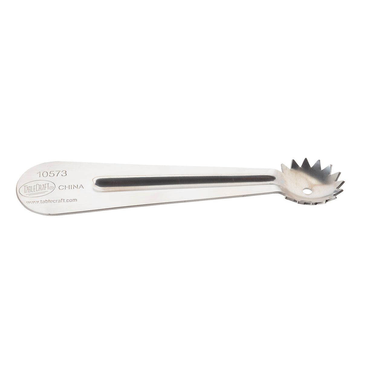 A stainless steel pastry crimper with a flat handle and a small, round, fluted cutting wheel at one end. The handle features engraved text, including the TableCraft brand, a product number, and China. The surface is smooth and reflective.