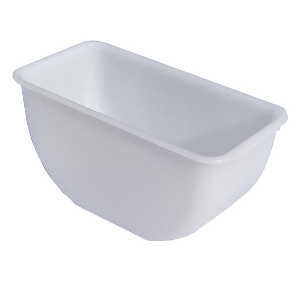 A plain, white, rectangular plastic container with rounded edges and a smooth surface. This dishwasher safe container features a deep basin and open top, making it ideal as a condiment holder for food or small items. The background is plain and uncluttered.