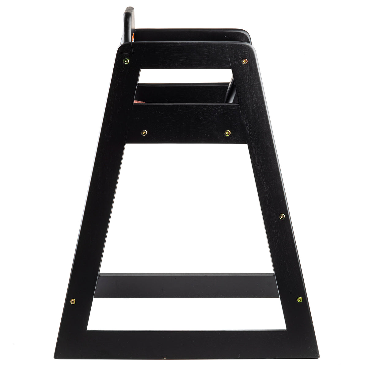 A black wooden high chair is shown from the side. The sturdy, minimalist design features an A-shaped wood frame, visible screw fastenings, and a footrest bar at the bottom. Its simple seat and backrest highlight practical elegance.