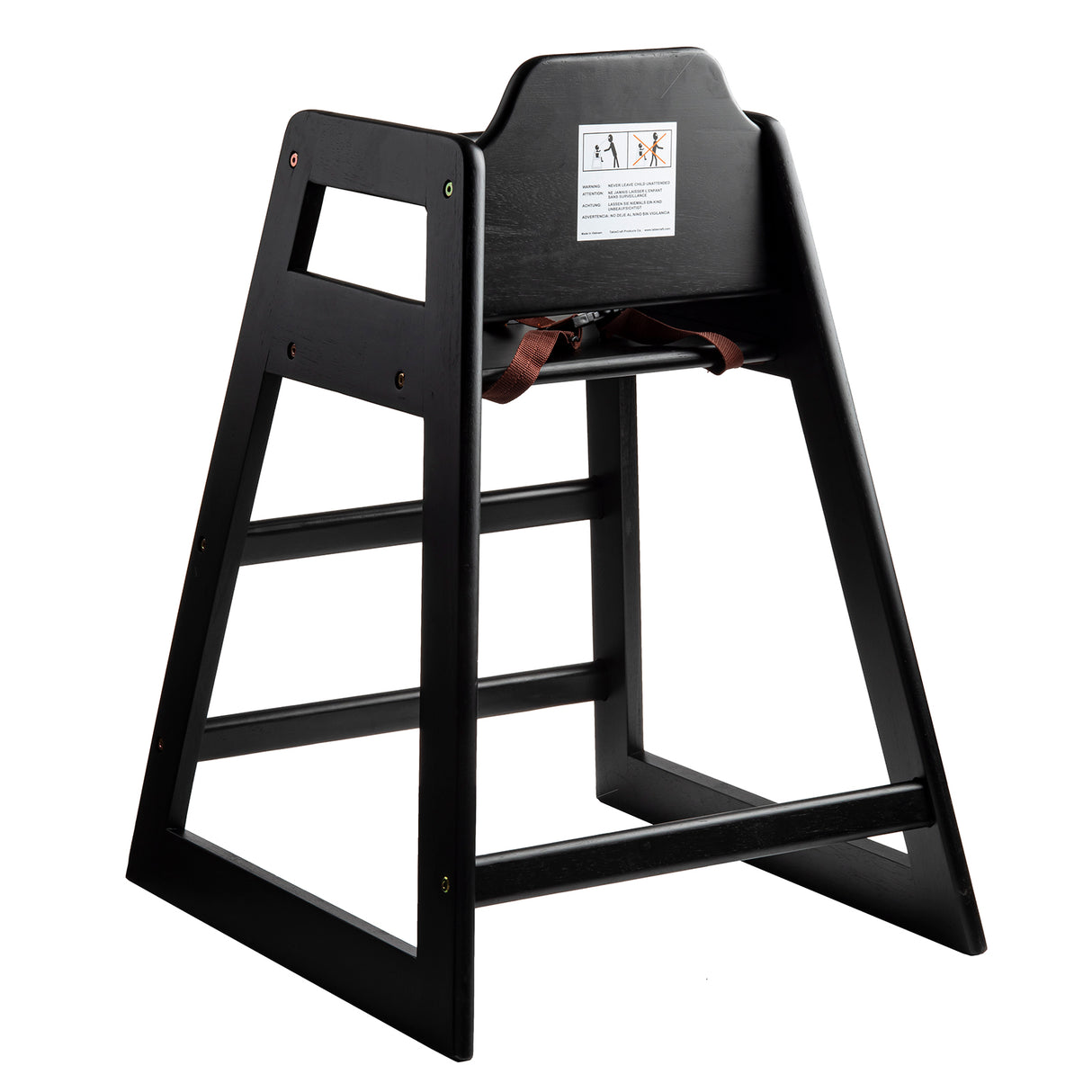 A stackable black wood restaurant-style high chair featuring an open-frame design, safety strap, and warning label on the backrest. Angled for stability, it's perfect for seating young children at tables.