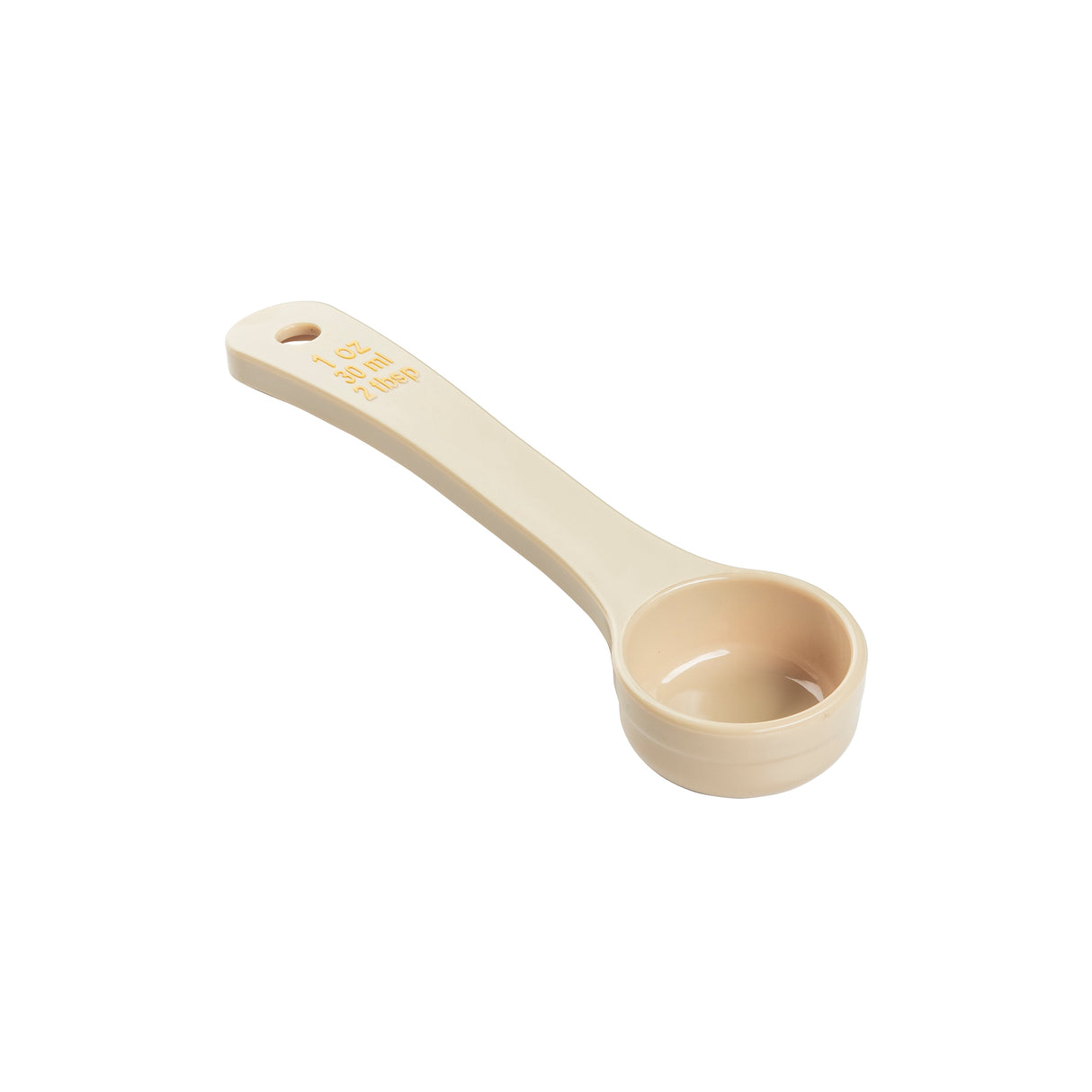 A beige polycarbonate measuring spoon marked “1 oz, 30 ml, 2 tbsp” in yellow text. The NSF-certified spoonout features a round bowl, a flat handle with a hanging hole, all set against a plain white background.