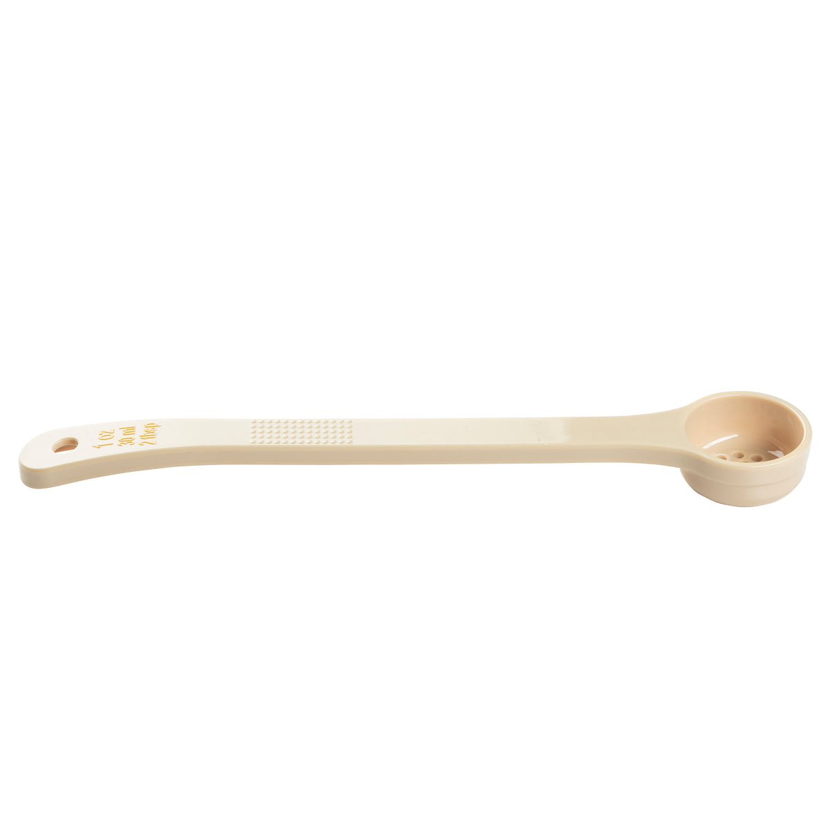 A beige, polycarbonate Spoonout measuring spoon with a long handle and round scoop featuring holes in the bottom. The handle has a textured grip and yellow measurement markings. NSF certified, it is placed on a plain white background.