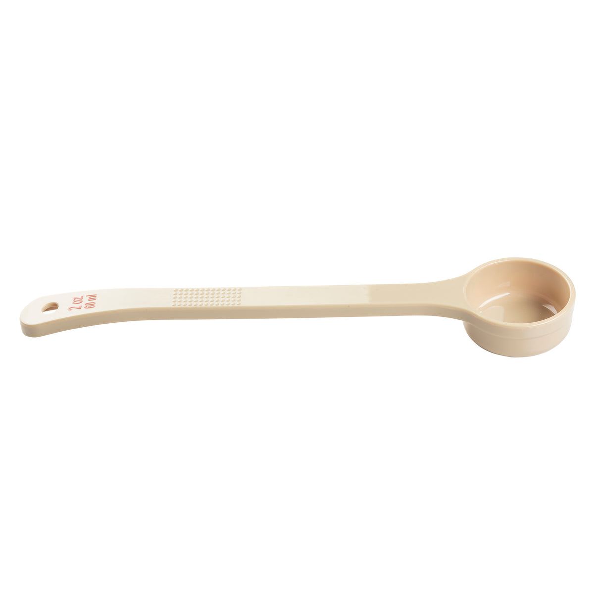A beige polycarbonate measuring spoon with a long handle is shown on a white background. It features a small round cup at one end and a hole at the other, with red text on the handle reading 2 oz 60 ml to indicate its capacity.