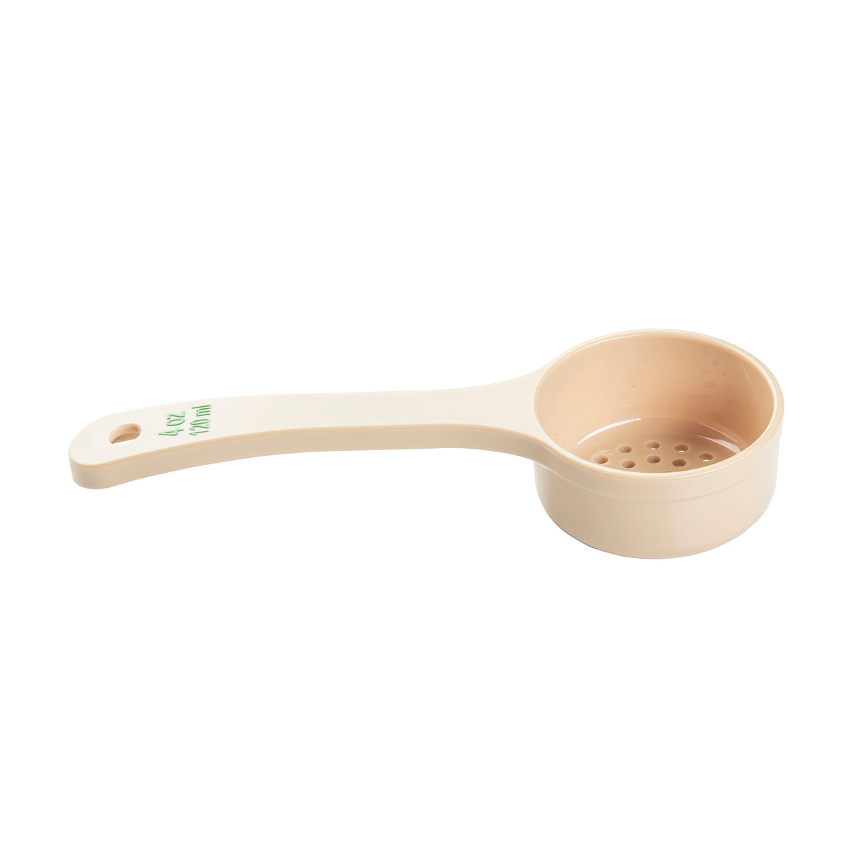 A beige polycarbonate spoon with a round, perforated spoonout bowl and a long handle. The bowl acts as a strainer, while the handle features green 12-gram markings, NSF certification, and a hanging hole at the end.