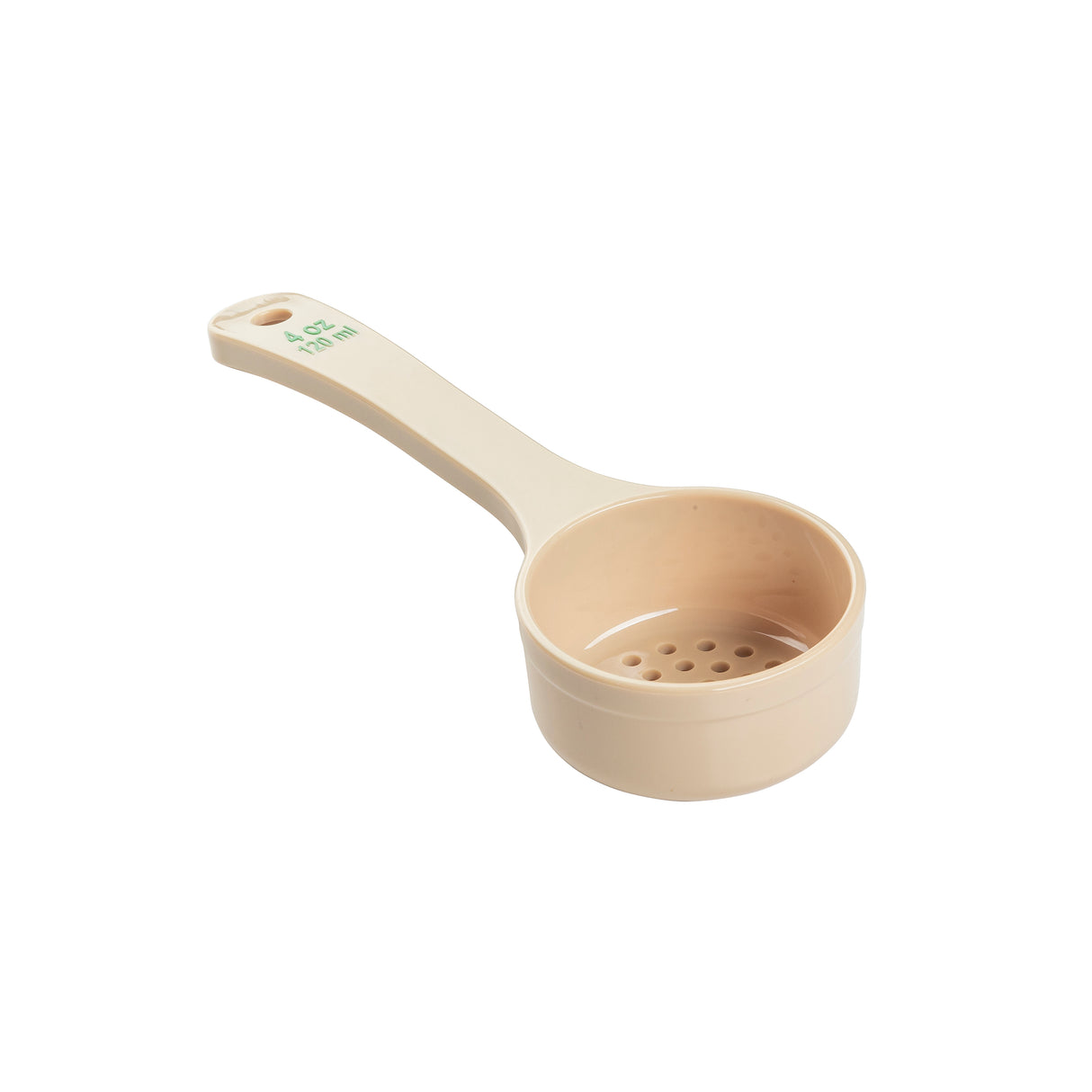 A beige polycarbonate spoon with a long handle and small round holes, or perforated spoonout, in the scoop. The handle displays green measurement text, “1/4 cup 60 ml.” The NSF-rated scoop is isolated on a white background.